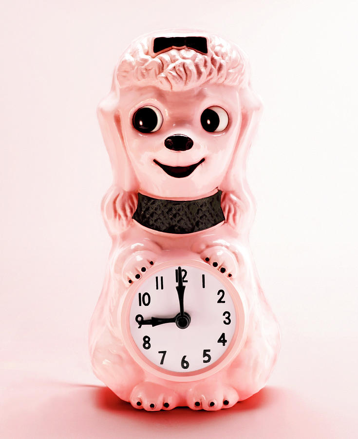 Vintage Drawing - Pink Poodle Dog Clock by CSA Images