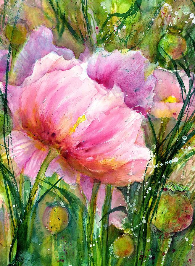 Pink Poppies with Seed Pod Painting by Sabina Von Arx