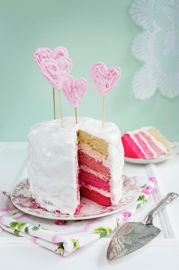 Pink Rainbow Cake For Valentines Day Photograph by Lucy Parissi