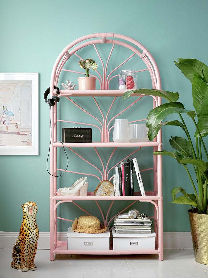 Miami Photograph - Pink Rattan Shelves Against Turquoise Wall by Anderson Karl