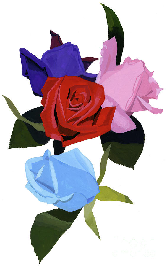 Pink Red And Light Blue Roses Painting by Hiroyuki Izutsu