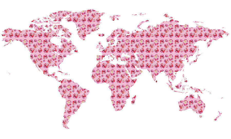 Pink Rose Floral World Map Watercolor Painting by Irina Sztukowski
