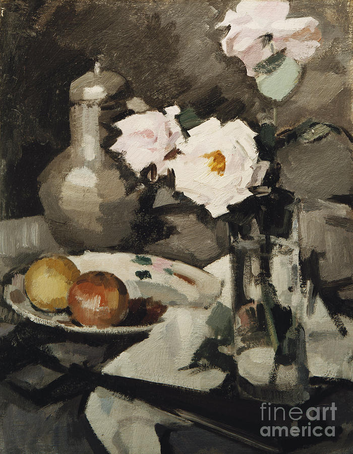 Samuel John Peploe Painting - Pink Roses In A Glass Vase, C. 1924 by Samuel John Peploe