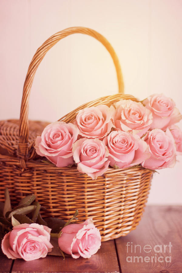 Pink Roses In A Wicker Basket Photograph by Ethiriel Photography