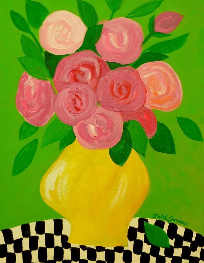 Pink Roses In A Yellow Vase Painting By Faith Jordan