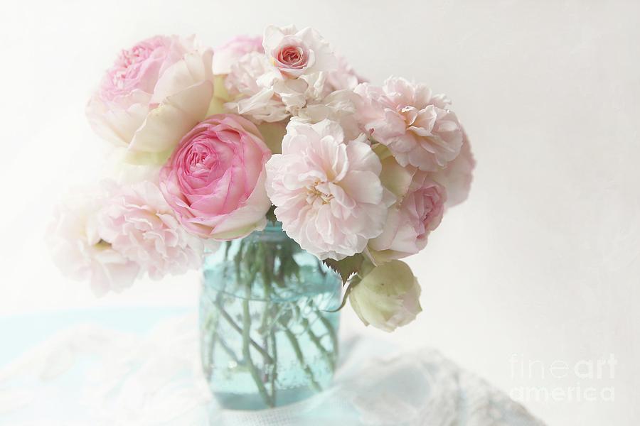Pink Roses In Blue Jar Photograph by Sylvia Cook