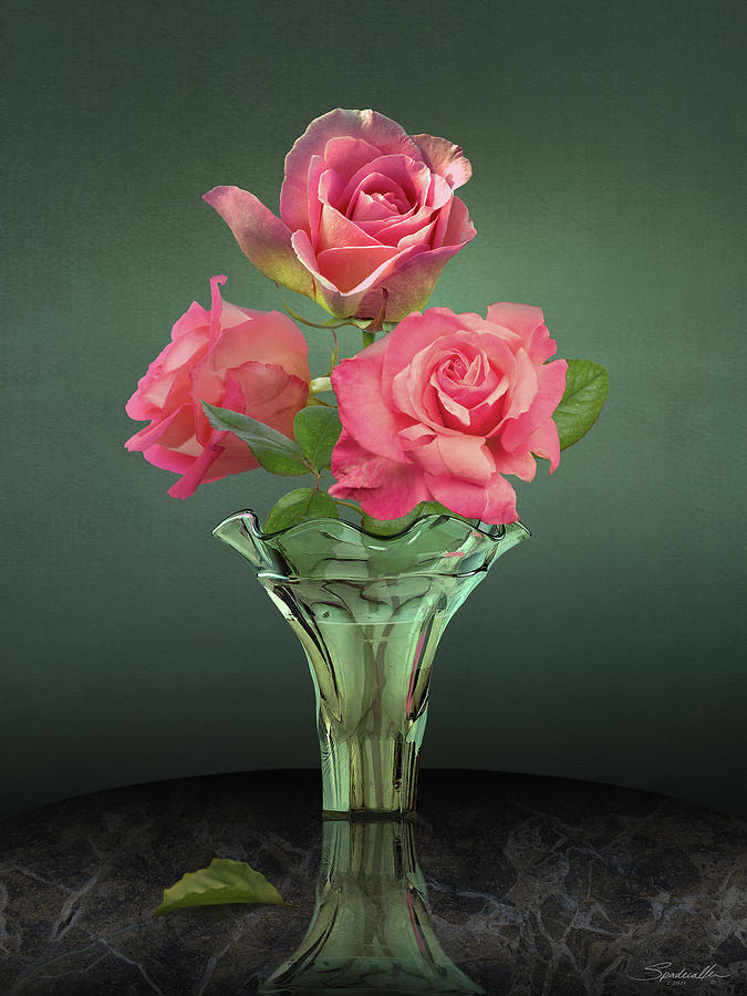 Pink Roses in Glass Vase Digital Art by M Spadecaller