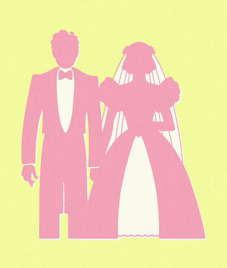 Vintage Drawing - Pink Silhouette of Bride and Groom by CSA Images