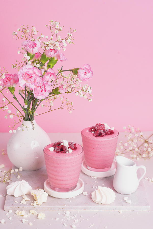 Pink Smoothie With Yoghurt, Raspberries And Meringues Photograph by Karolina Polkowska