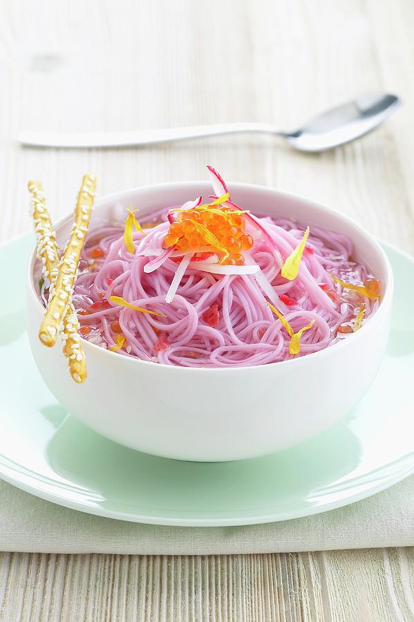 Pink Somen Noodles In Vegetable Stock Photograph by Pizzi, Alessandra