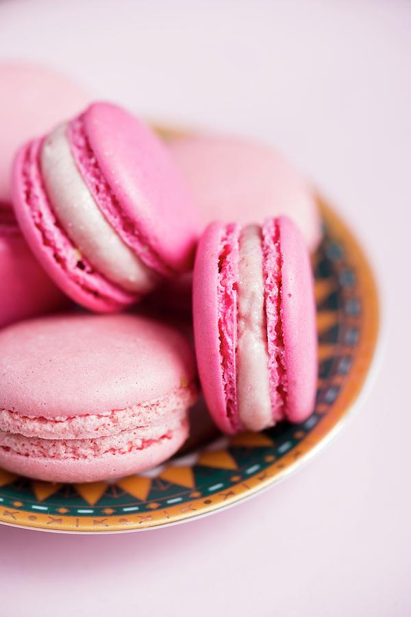 Pink Strawberry And Raspberry Macaroons close-up Photograph by Mandy Reschke