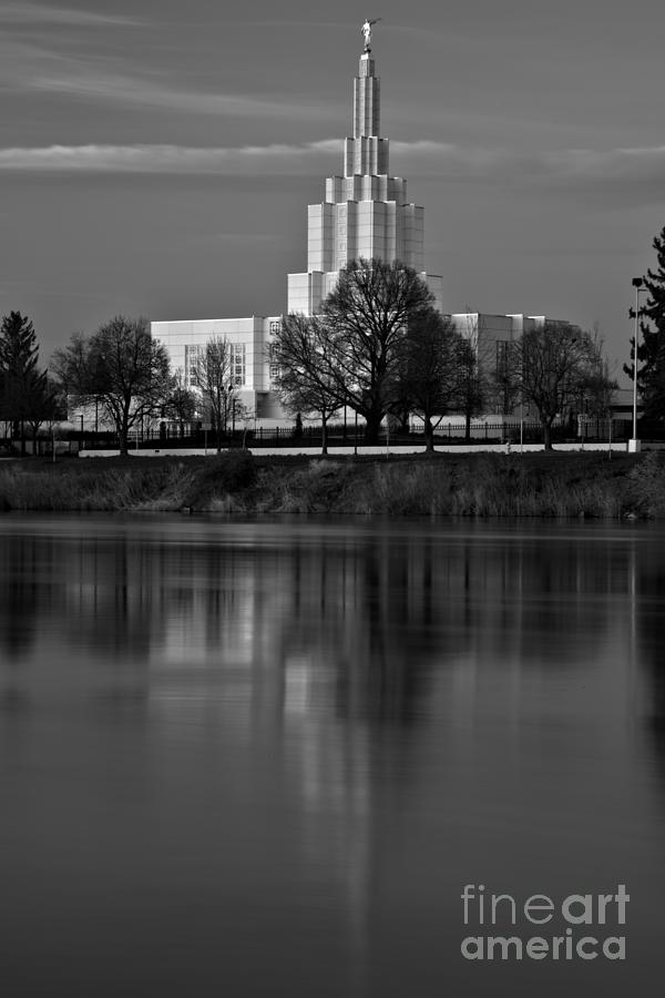 Pink Stripe Over The Idaho Falls Temple Black And White Photograph by Adam Jewell