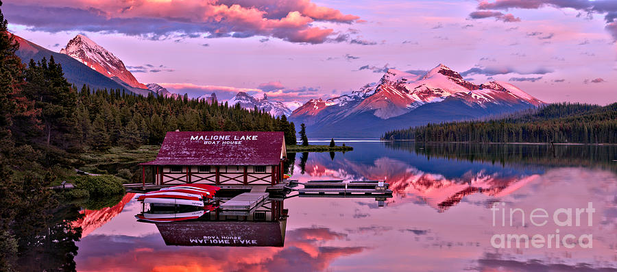 Pink Summer Sunset Reflections Ar Maligne Lake Photograph by Adam Jewell