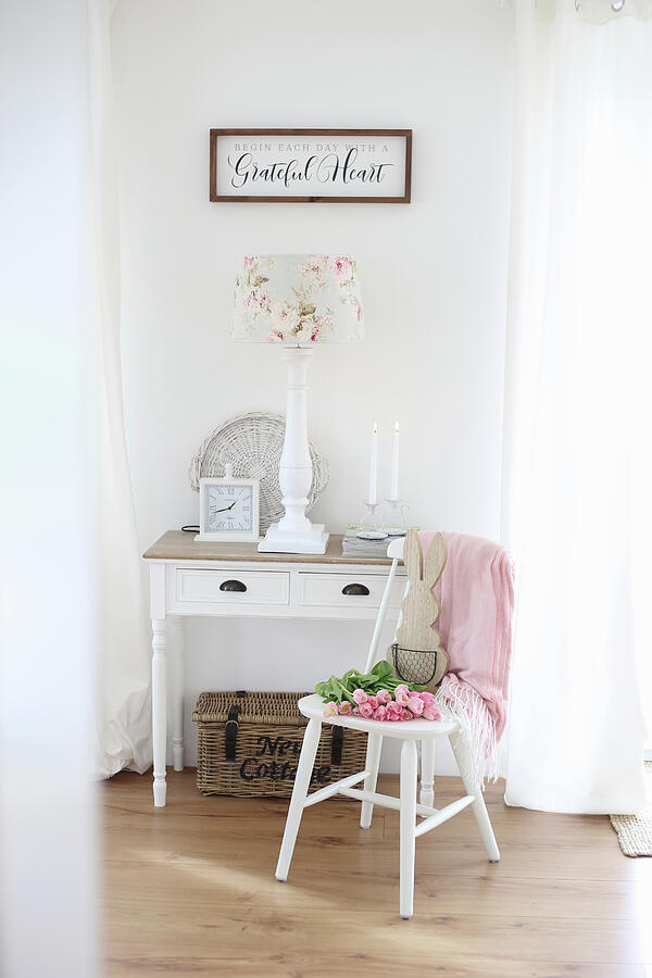Easter Photograph - Pink Tulips And Wooden Bunny On A White Chair In Front Of A Table With Drawer by Tabea Steinhauer