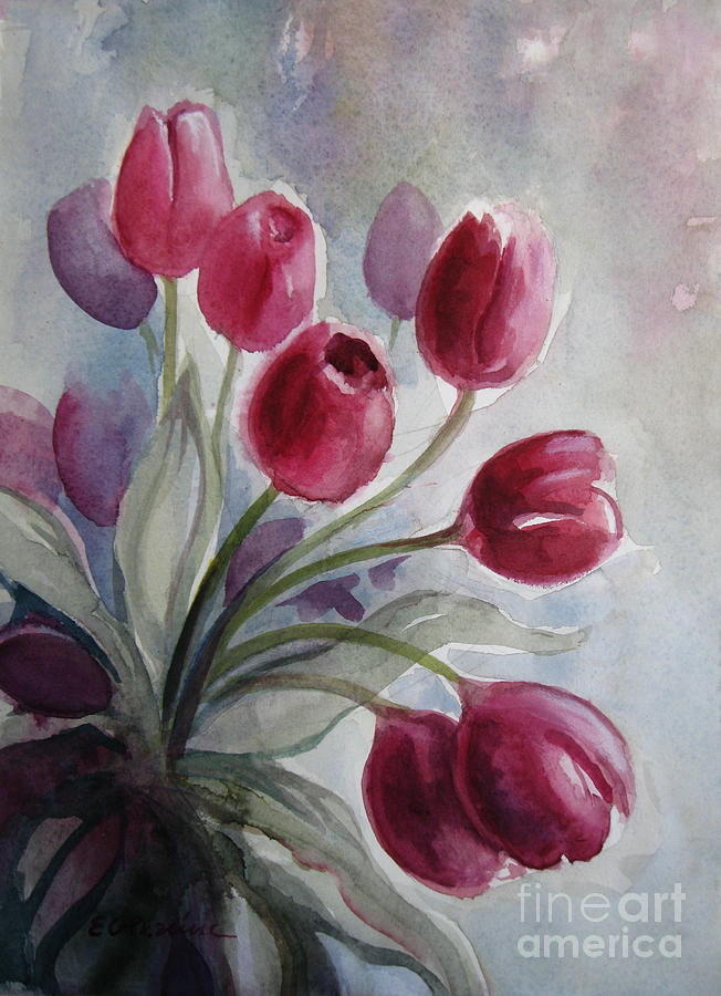 Pink tulips Painting by Elena Oleniuc