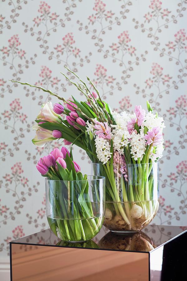 Spring Photograph - Pink Tulips, Lisianthus And Hyacinths In Glass Vases by Great Stock!