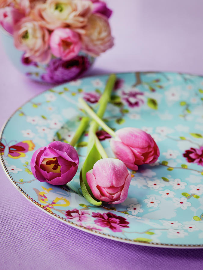 Pink Tulips On Pale-blue Floral Plate Photograph by Michael Paul