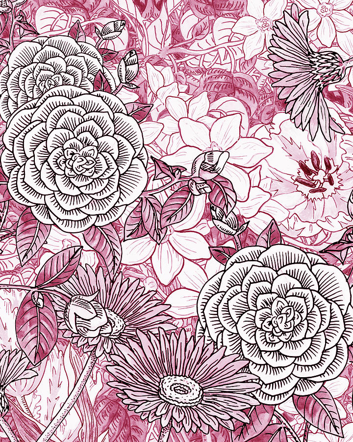 Pink Watercolor Botanical Flowers Garden Flowerbed II Painting by Irina Sztukowski