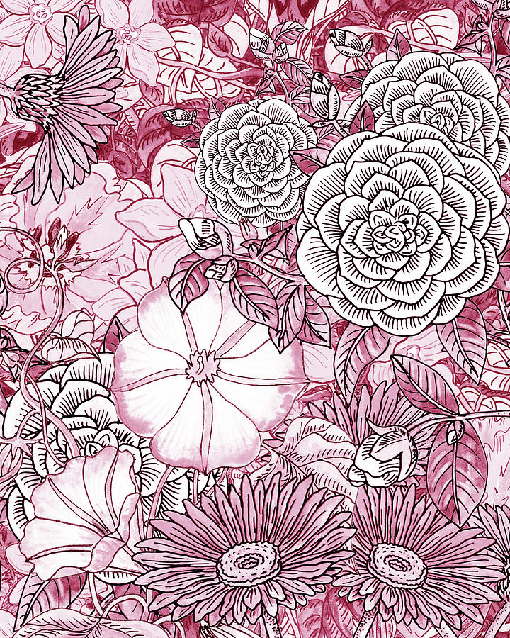 Pink Watercolor Botanical Flowers Garden Flowerbed III Painting by Irina Sztukowski