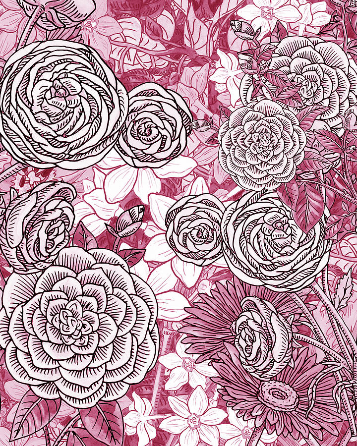 Pink Watercolor Botanical Flowers Garden Flowerbed IV Painting by Irina Sztukowski