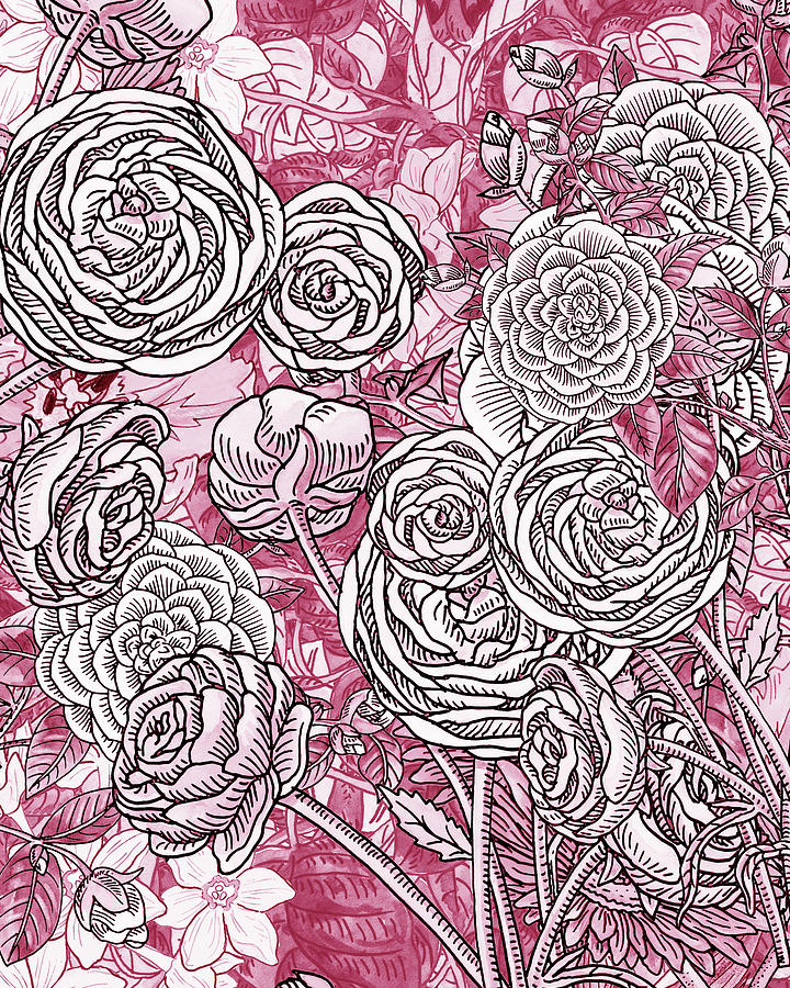 Pink Watercolor Botanical Flowers Garden Flowerbed V Painting by Irina Sztukowski