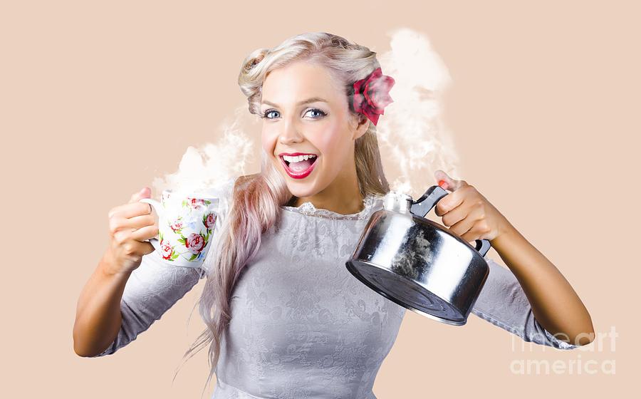 Pinup girl holding kettle and mug Photograph by Jorgo Photography