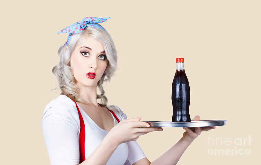 Pinup girl waiter holding silver soda tray Photograph by Jorgo Photography