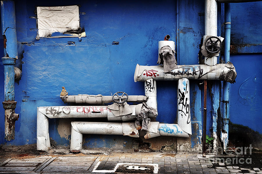 Pipes and blue wall Photograph by Delphimages Photo Creations