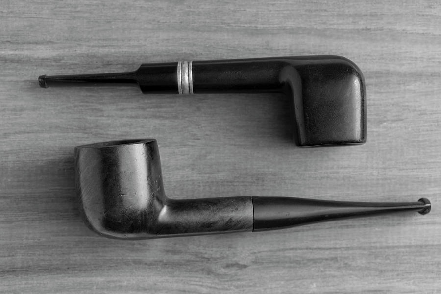 Still Life Photograph - Pipes on Wood 2 Black and White by Andrew Pacheco