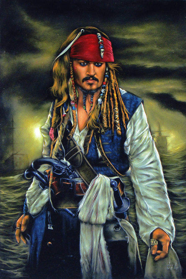 Pirates Of The Caribbean Painting - Pirates of the Caribbean Johnny Depp Original Oil Painting Black Velvet movie poster  f225 by E Felix