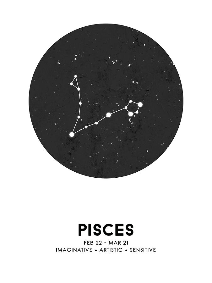 Black And White Mixed Media - Pisces Print - Zodiac Signs Print - Zodiac Posters - Pisces Poster - Night Sky - Pisces Traits by Studio Grafiikka