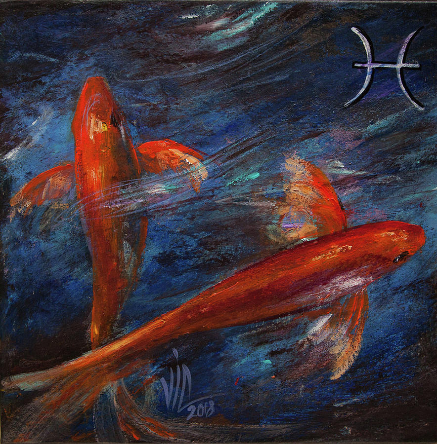 Pisces Zodiac Astrological Sign Painting On leather by Vali Irina Ciobanu  Painting by Vali Irina Ciobanu
