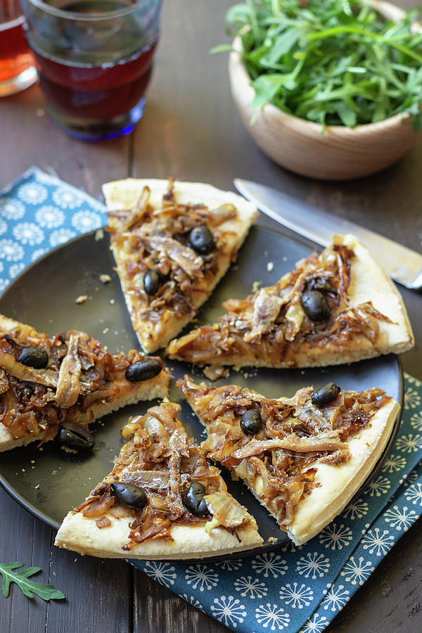 Pissaladire With Anchovies, Black Olives And Onions, Rocket Photograph by Zuzanna Ploch