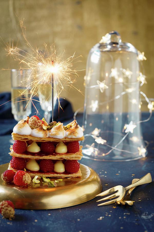 Pistachio And Lemon Curd Millefeuille With Raspberries And Meringue Photograph by Great Stock!