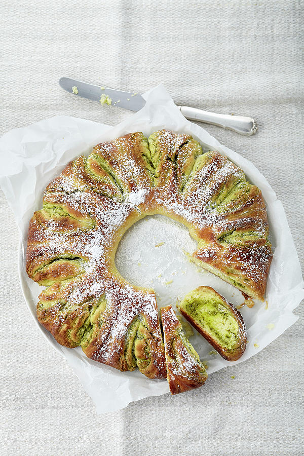 Pistachio And Marzipan Yeast Dough Wreath Cake Photograph by Stockfood Studios /  Ulrike Holsten