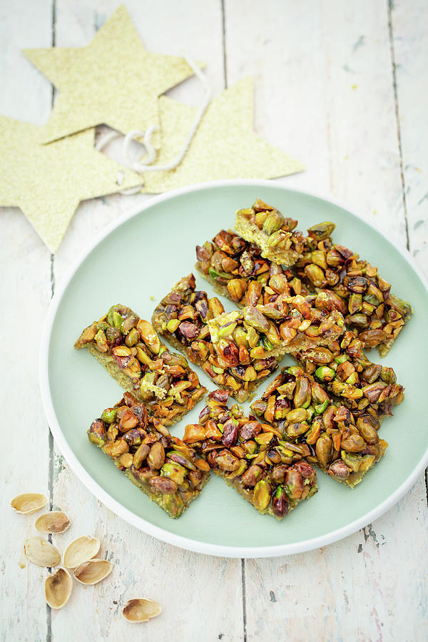 Pistachio Bars shortbread Pastry With Pistachio Flour And Caramelised Honey Pistachio Nuts Photograph by Jan Wischnewski