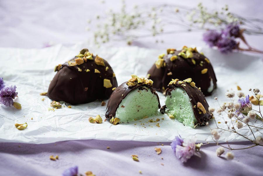 Pistachio Ice Cream With Dark Chocolate For Easter vegan Photograph by Kati Neudert