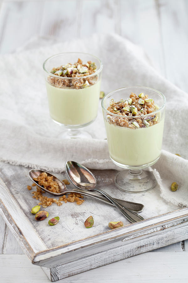 Pistachio Panna Cotta Topped With Oatmeal Crumble Photograph by Kati Finell