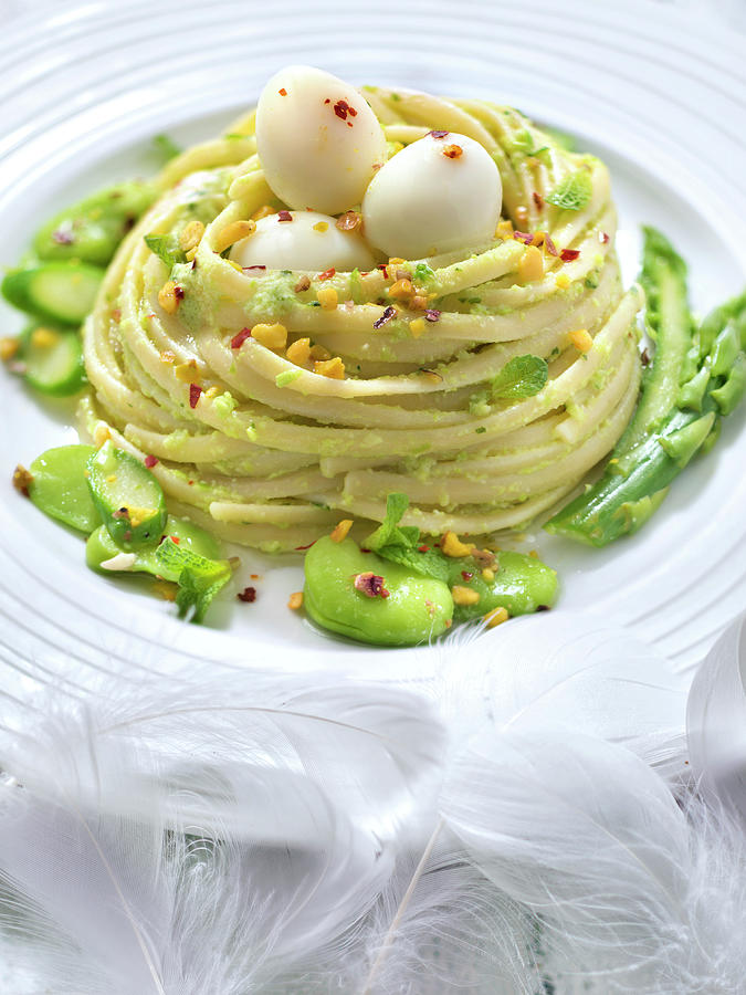 Pistachio Pesto Linguini Nest,fresh Broad Beans,asparagus And Quails Eggs Photograph by Studio