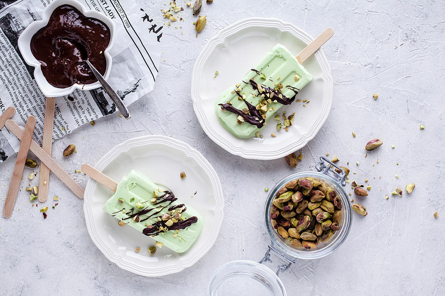 Pistachio Popsicles With Chocolate And Crushed Pistachios Photograph by Kati Finell