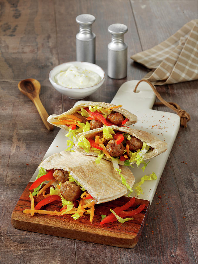 Pita Bread With Meatballs And Vegetables Photograph by Stockfood Studios / Photoart