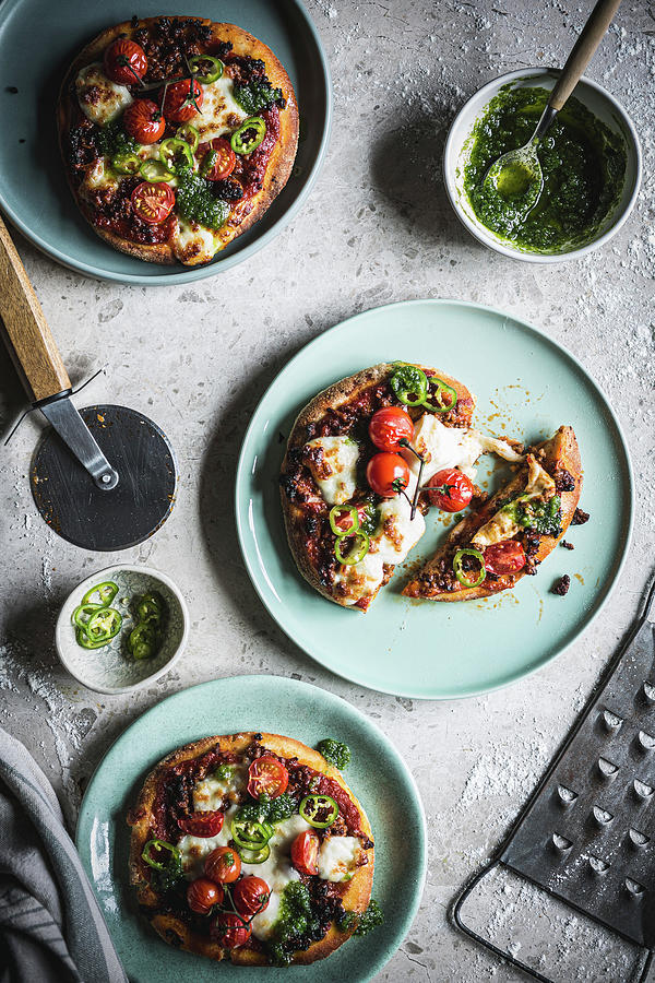 Pita Pizza With Spicy Lamb, Mozzarella And Minty Pesto Photograph by ...