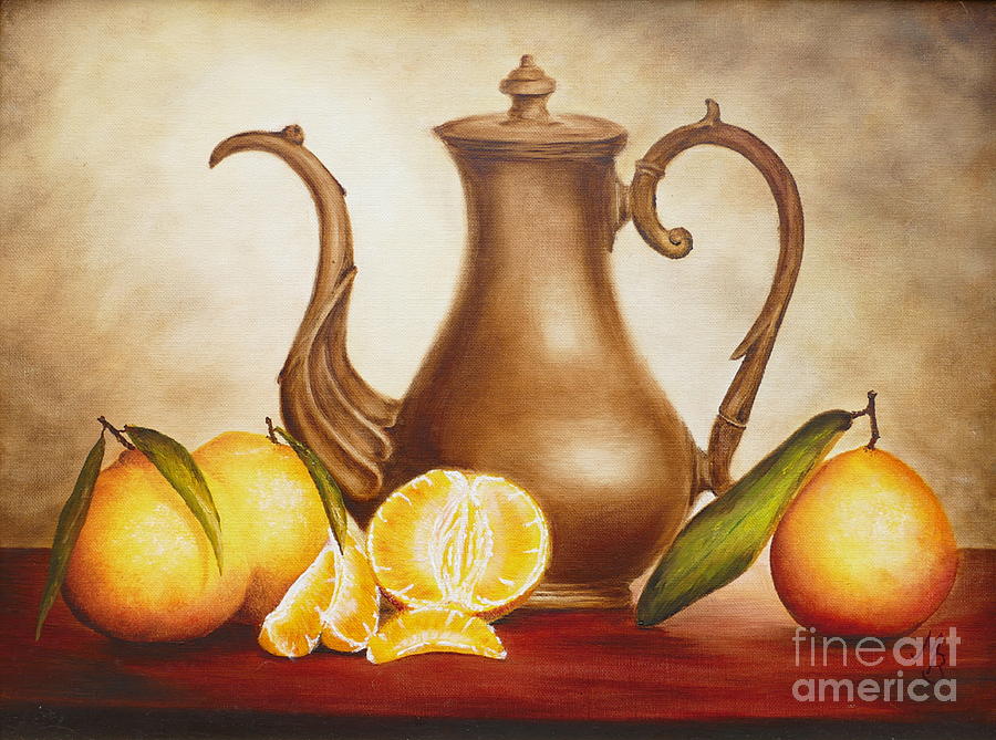 Coffee Painting - Pitcher with Oranges by Birgit Moldenhauer