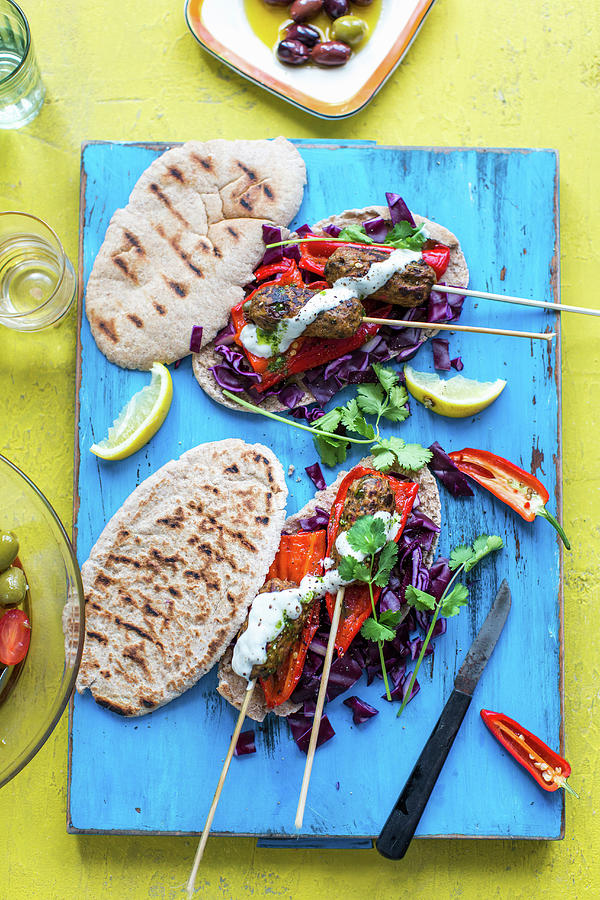 Pitta Bread With Roasted Peppers, Kfte And Lemons Photograph by Lara Jane Thorpe