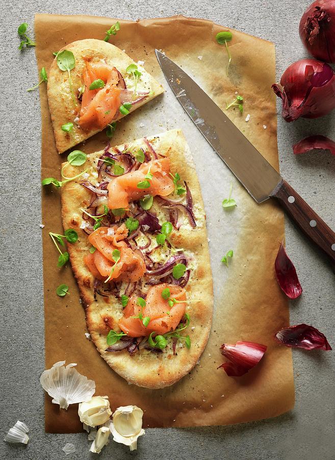 Pizza Baked With Sour Cream And Garlic, Topped With Smoked Salmon, Red Onions And Watercress Photograph by Martin Dyrlv
