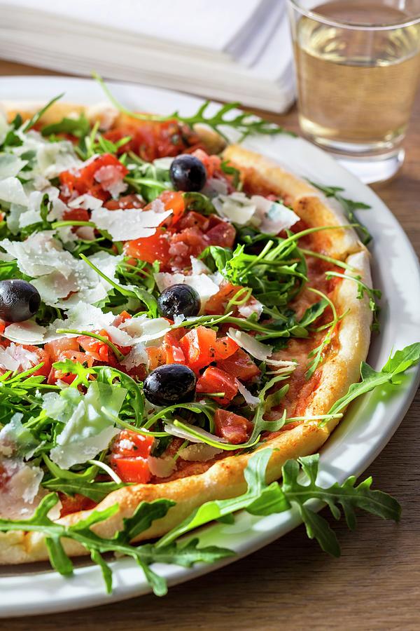 Pizza Bruschetta With Olives, Cheese, Rocket And Tomato Photograph by Lukasz Zandecki
