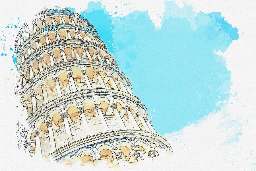 Pizza Leaning Tower Watercolor By Ahmet Asar Painting by Ahmet Asar