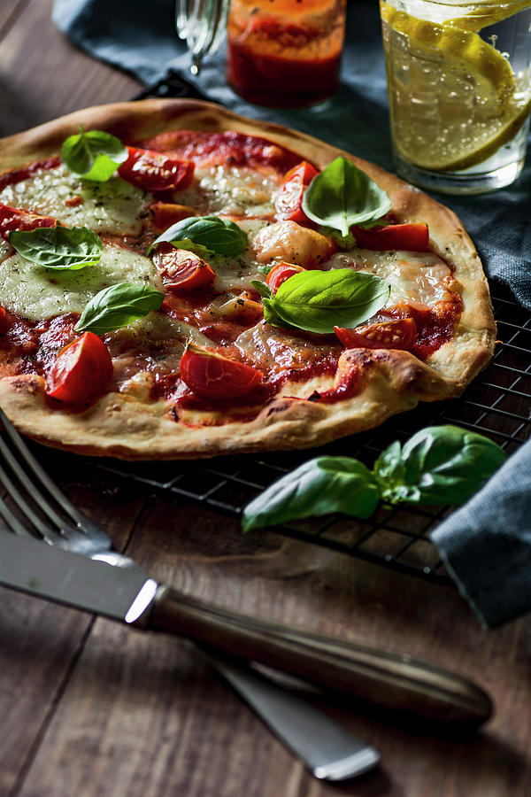 Pizza Margherita With Fresh Cherry Tomatoes, Basil And Mozzarella ...