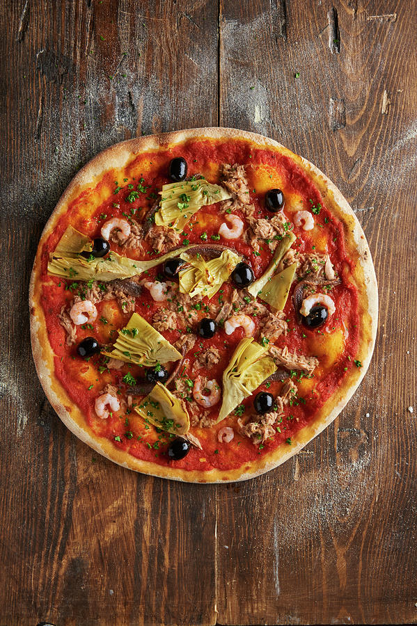 Pizza Ocean With Shrimps And Artichockes Photograph by William Reavell