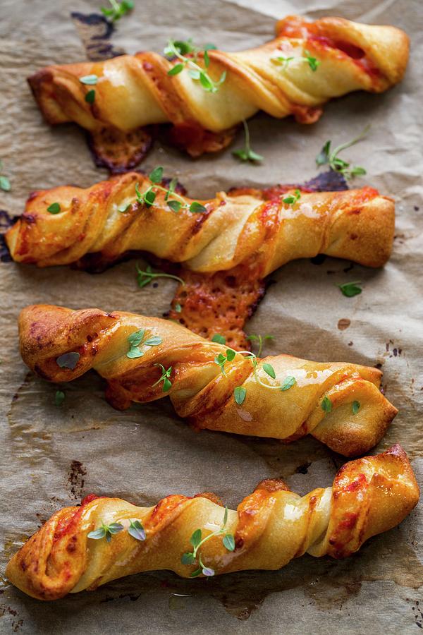 Pizza Sticks Filled With Salami, Cheese And Tomato Sauce Photograph by Sandra Krimshandl-tauscher